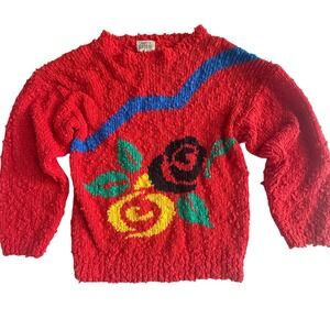 Heres A Hug 80s Vintage Sweater Womens Red Knit Floral Size S Retro Whimsical